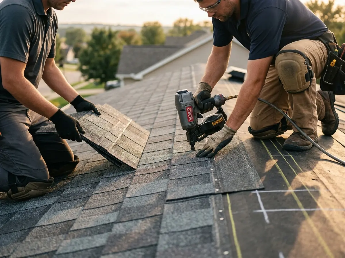 Professional roofer working on a residential roof in Belle Glade